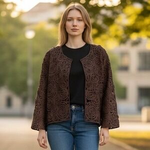 Chocolate Brown Rosette Ribbon Jacket Womens Large Open Front Cropped